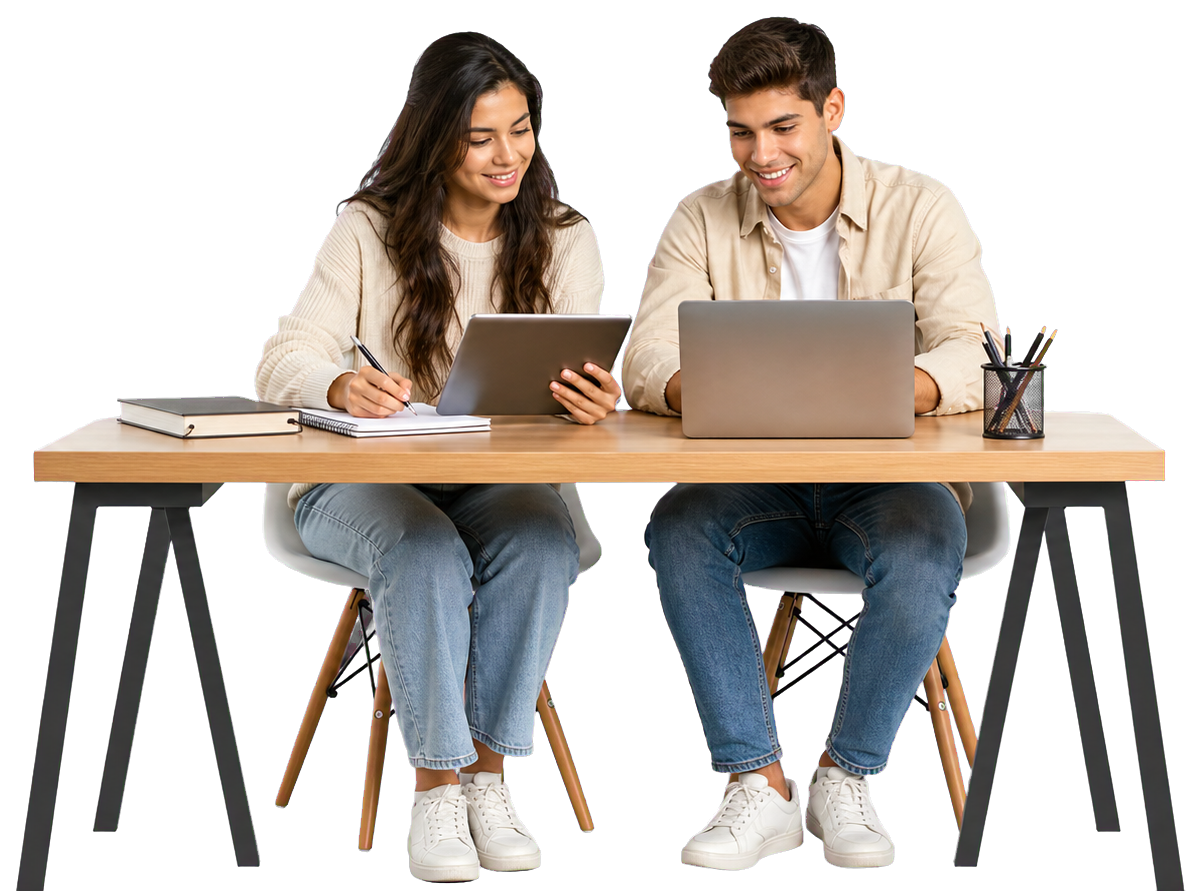 Dois estudantes estudando juntos com notebook, tablet e caderno.