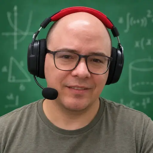 Professor Caju usando headset vermelho diante de uma lousa.