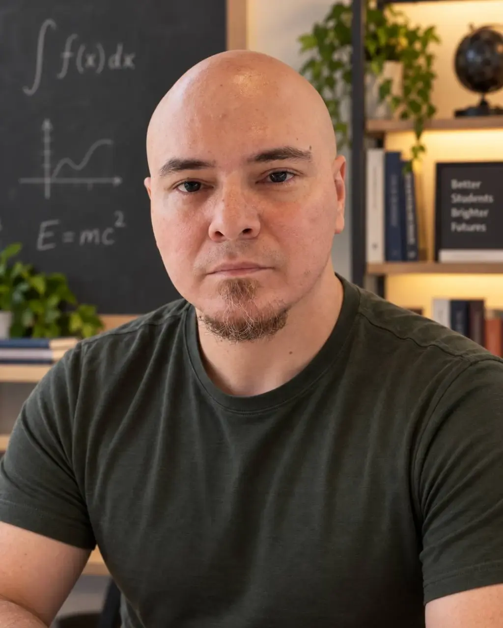Professor Caju em seu ambiente de ensino, diante de uma lousa com fórmulas.